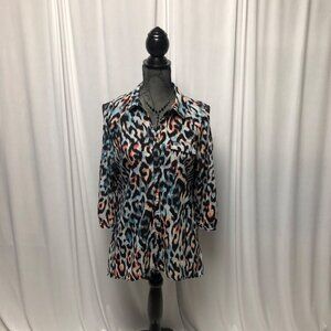 Nicole Miller Blouse Womens Sz Medium Animal Print Button Up Cold Shoulder Shirt